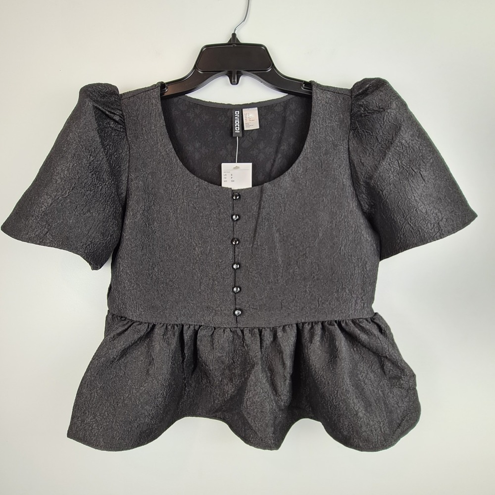 Divided By H&M‎ Brocade Peplum Top Black Small Button Front Short Puff Sleeve